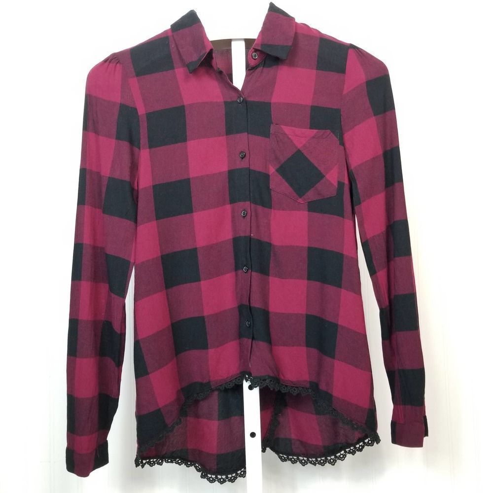 Love On A Hanger Plaid Crochet Trim Tulip Back Top